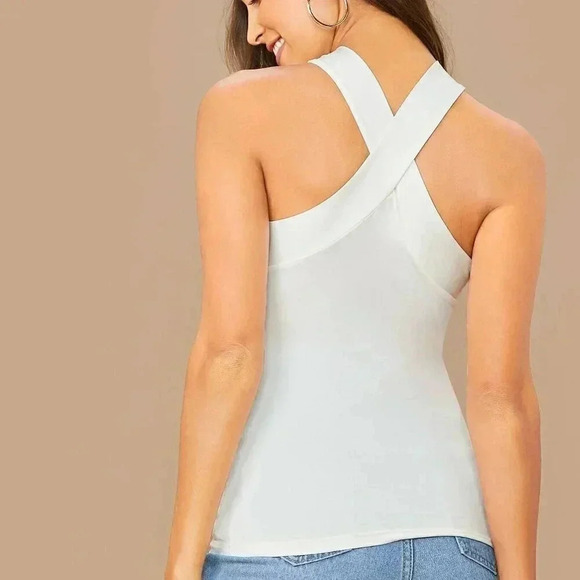 White Casual Women's Form-Fitting Crisscross Halter Top - Picture 2 of 6